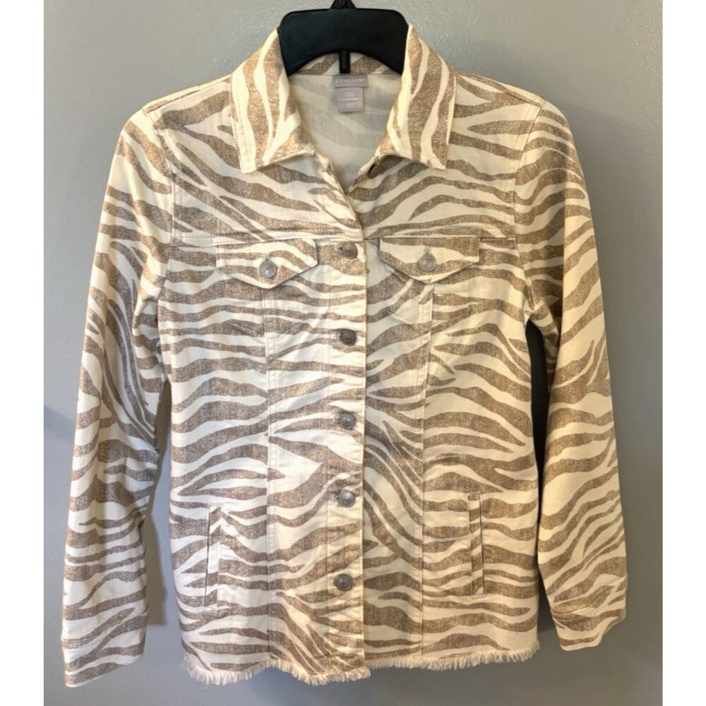 NWOT Chico's Animal Print Raw Hem Denim Jacket Sz 2